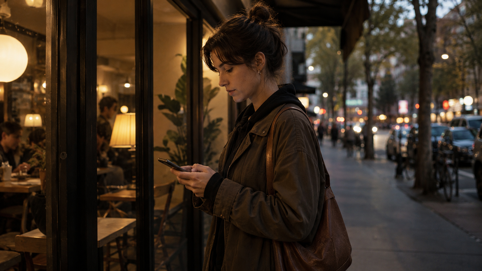 Young adult checking a phone outside a cafe before deciding whether to go in